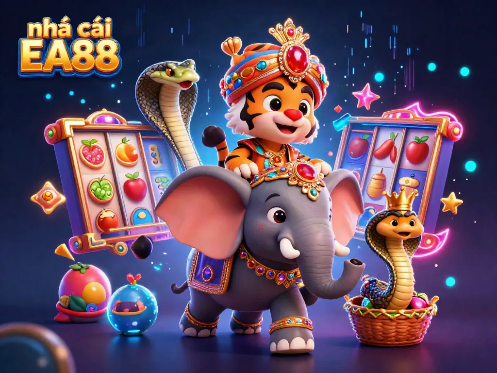 Engage with exciting luck at nhà cái EA88, featuring a colorful casino scene with vibrant slot machines and fun characters.