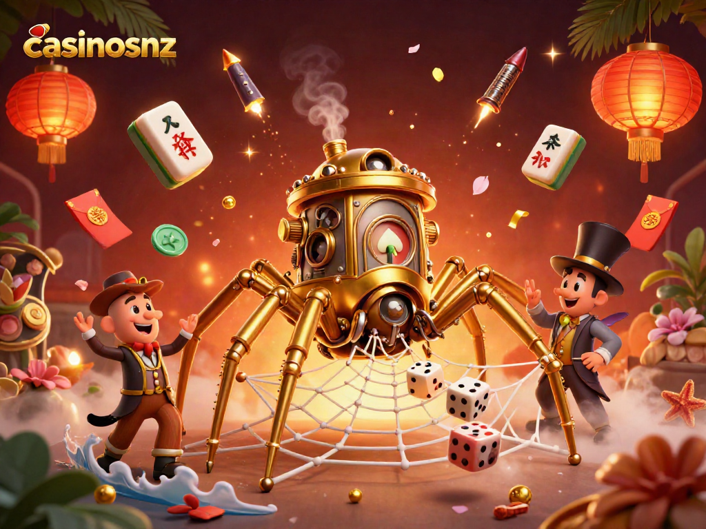 Experience thrilling play with casinosnz featuring a steampunk spider web of poker elements and playful dice action.