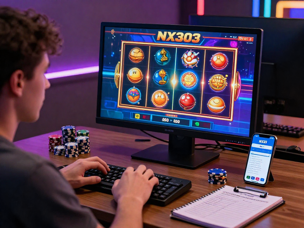 Engaging NX303 daftar online gambling scene, featuring a user exploring colorful slot games and the mobile app interface.