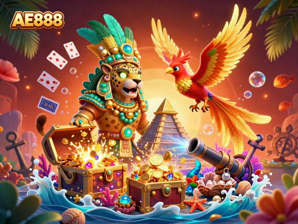 Experience exhilarating gameplay at AE888 with vibrant casino elements surrounding a Mayan jaguar priest illustration.