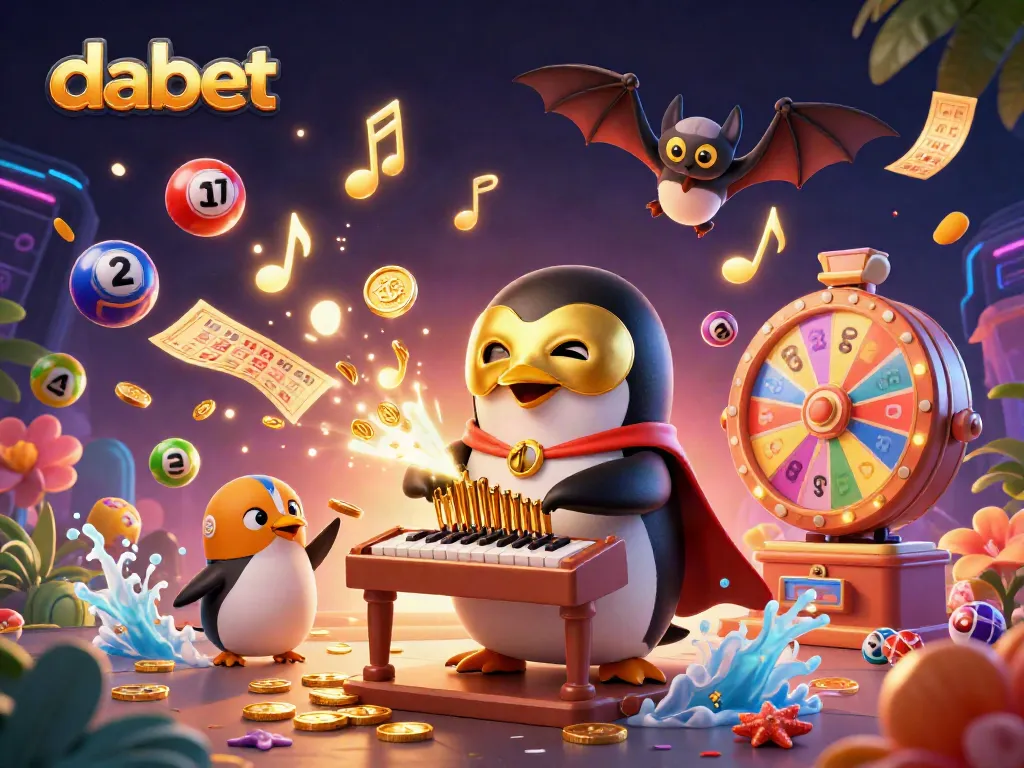 Dabet elevates online gambling with a dazzling 3D scene of a penguin opera player and dynamic lottery elements.