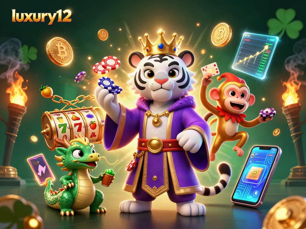 Win big with luxury12 in a vibrant 3D casino scene featuring slots, coins, and playful characters.