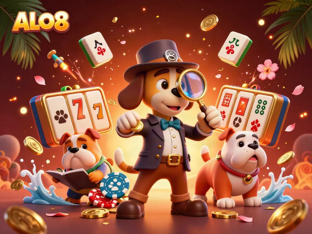 Experience exciting gambling adventures with ALO8, featuring cartoon detective characters searching for poker chips.
