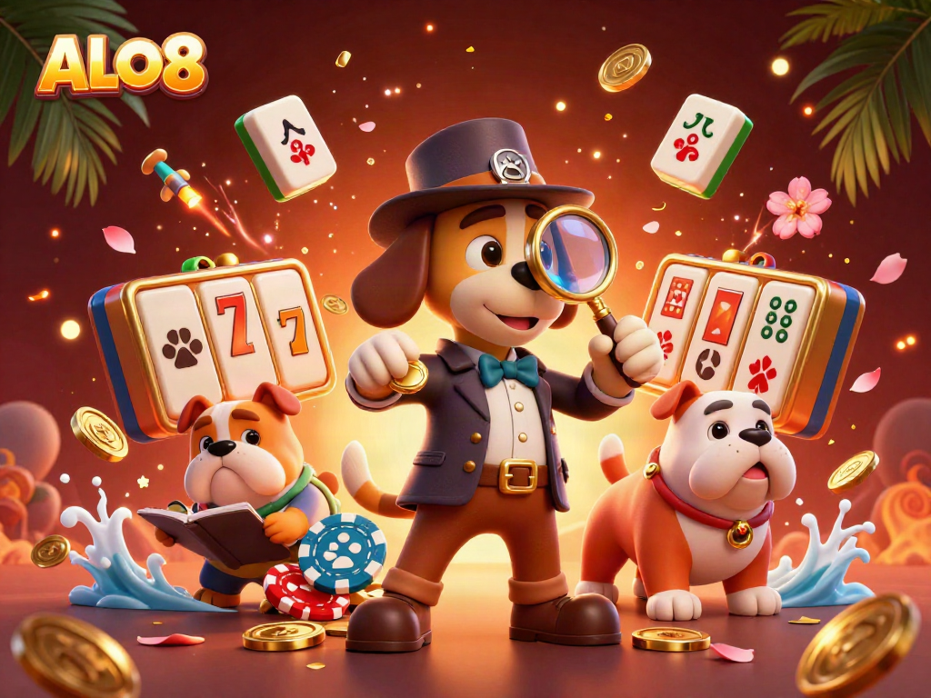 Experience exciting gambling adventures with ALO8, featuring cartoon detective characters searching for poker chips.