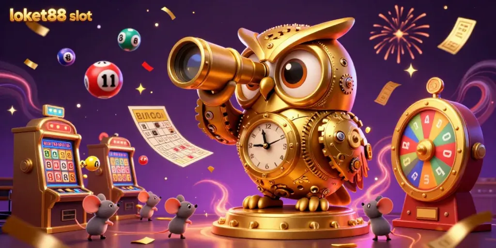 Experience the thrill of loket88 slot with a vibrant casino scene featuring golden owl and animated mice.