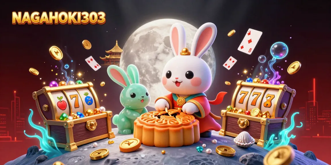 NAGAHOKI303 menghadirkan ilustrasi kasino dengan seekor kelinci bulan menumbuk kue bulan di permukaan lunar.
