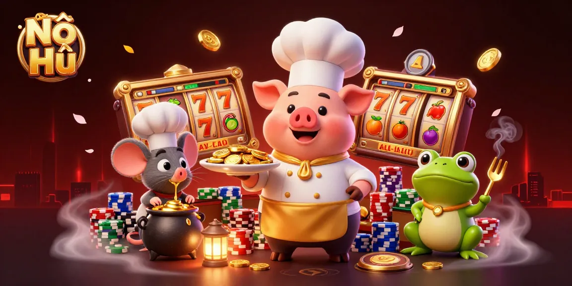 Nổ Hũ showcases a lively 3D scene of a culinary pig chef, adorned with gold coins and slot reels, celebrating jackpot wins.