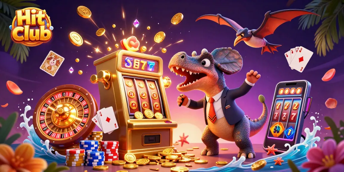 Hit club showcases a thrilling jackpot scene with a whimsical dinosaur and casino elements.