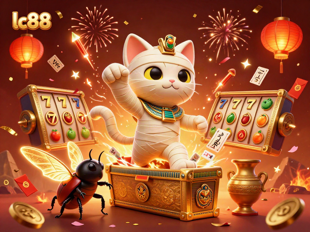 Win big at lc88 with a vibrant illustration of a mummy cat and exciting casino elements