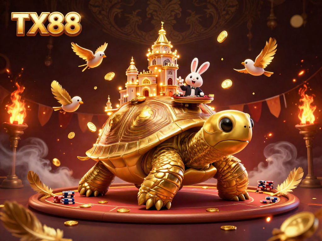 Play poker and win big with TX88 at a vibrant casino scene featuring a golden tortoise and flying coins.