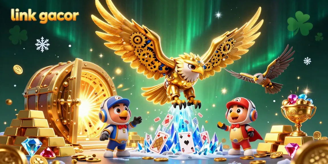 Experience the excitement of link gacor with a dynamic 3D illustration of a cybernetic eagle amidst gambling elements.