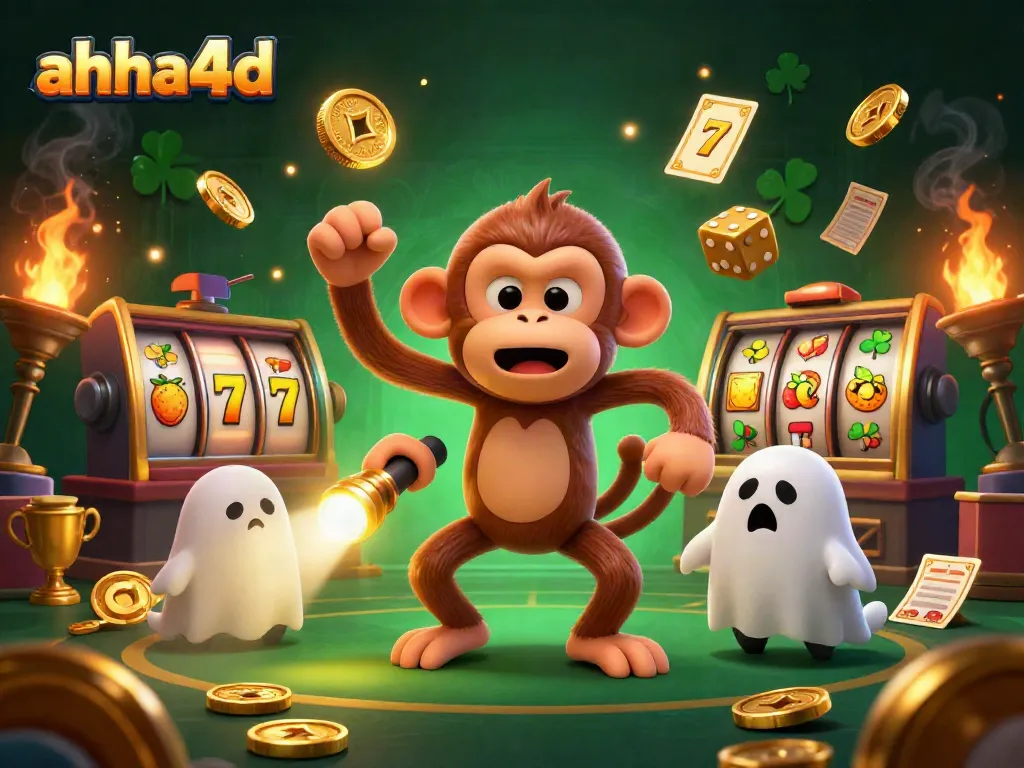 Engage with slot games at AHHA4D featuring a playful ghost monkey and golden elements.