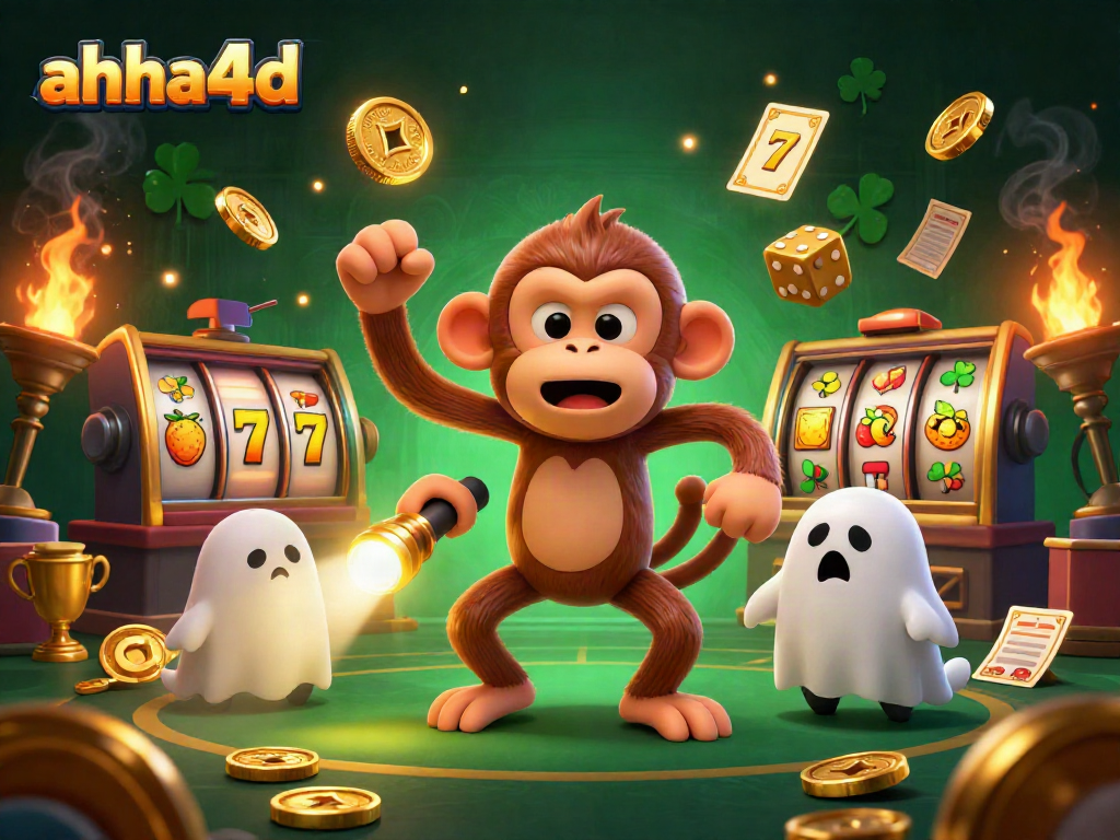 Engage with slot games at AHHA4D featuring a playful ghost monkey and golden elements.