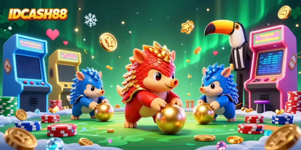 Experience thrilling gameplay with IDCASH88, where rival pangolins roll golden balls in a vibrant gaming scene.