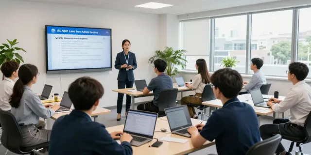ISO 9001 Lead Auditor Course participants learning auditing techniques in a modern classroom setting.