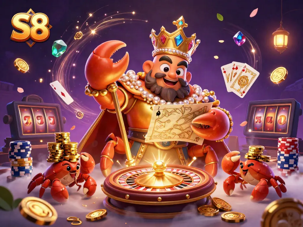 Experience the golden rewards and excitement of S8 casino gaming with cartoony crab emperor and treasure.