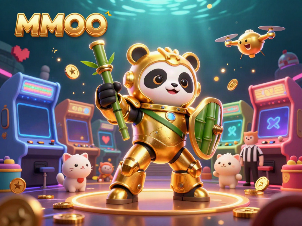 Experience MMOO with a dynamic 3D illustration of a golden panda pilot in a prize-rich casino arena.