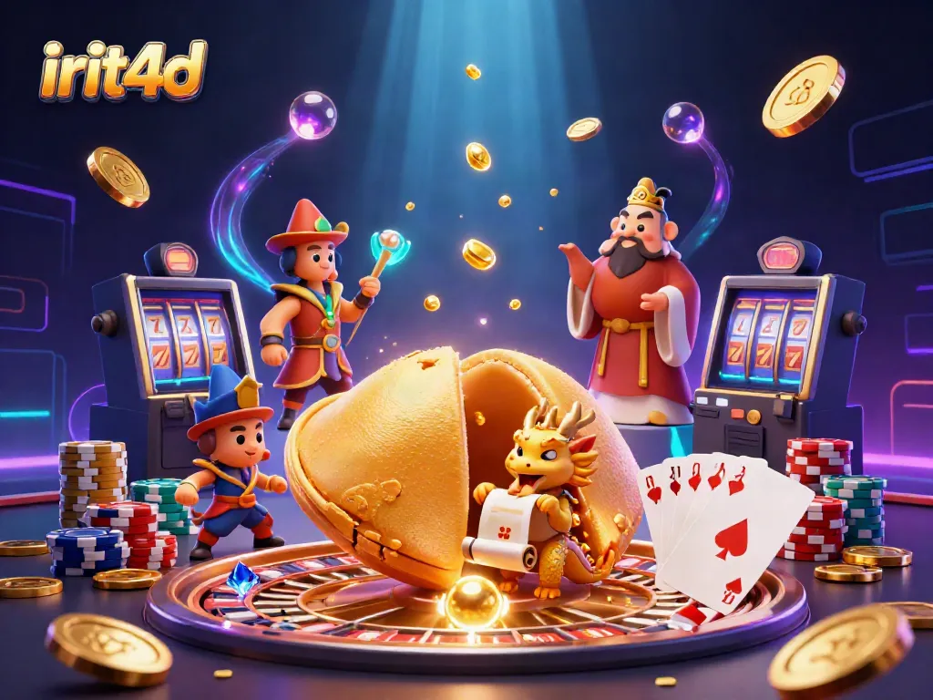 Exciting irit4d gaming scene with a golden fortune cookie, dragon, and shimmering casino elements.