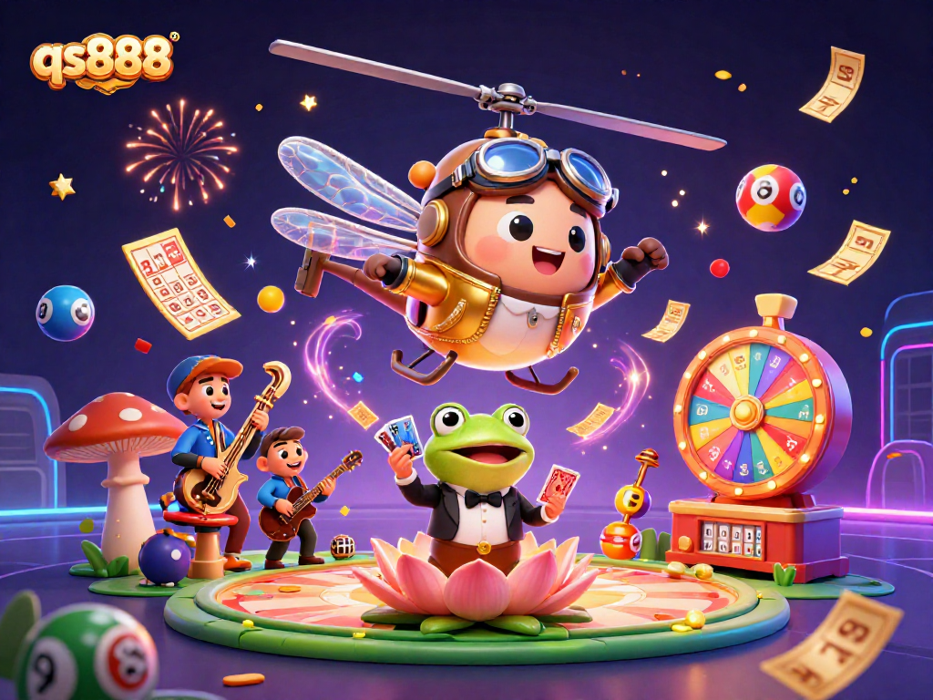 Experience casino excitement with qs888 as a cartoon dragonfly pilot and frog croupier celebrate together.