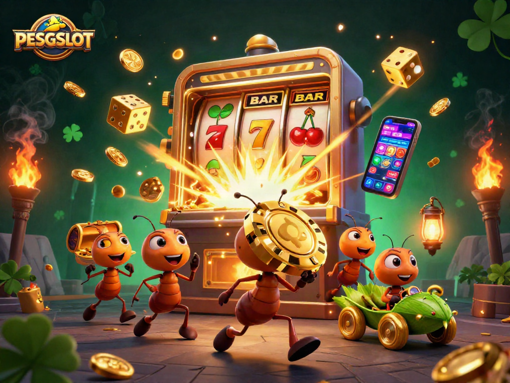 Experience the excitement of PESGSLOT with animated ants heisting a giant poker chip amidst a lively casino scene.