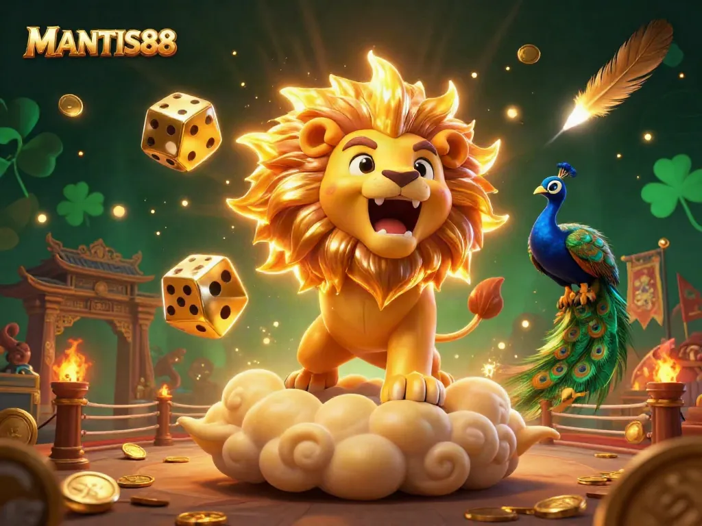 MANTIS88 captures an adventurous online gaming scene with a roaring lion and cosmic dice in an illuminated casino atmosphere.