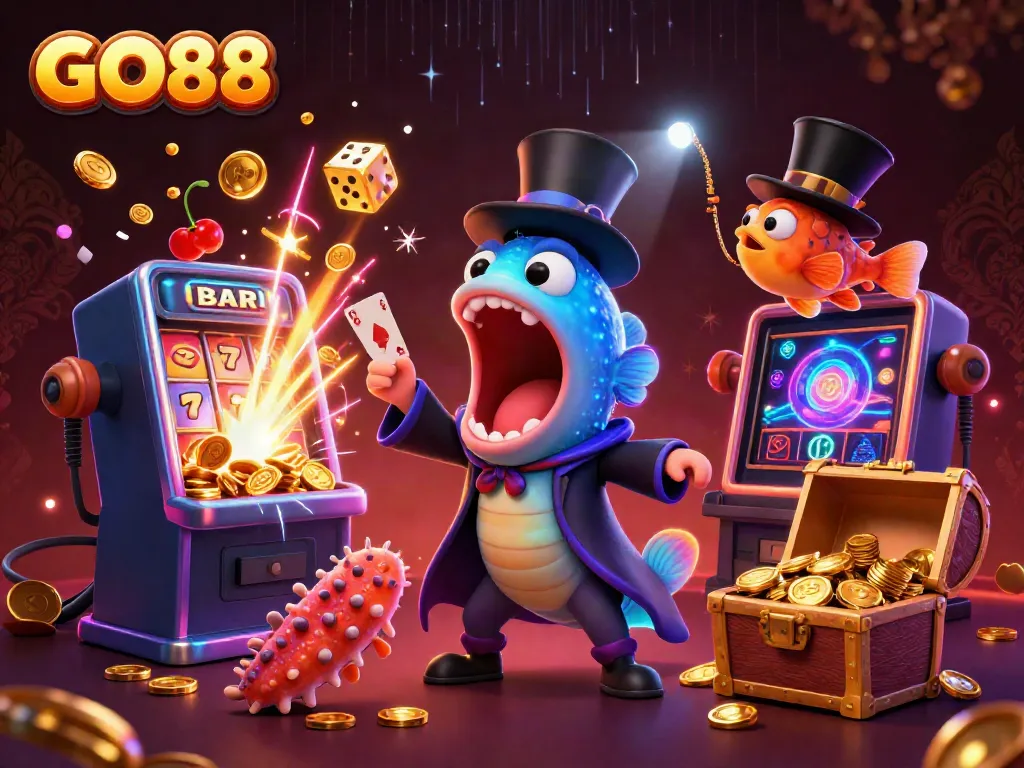 Experience GO88's vibrant casino world with animated sea creatures performing magic tricks amidst a jackpot explosion