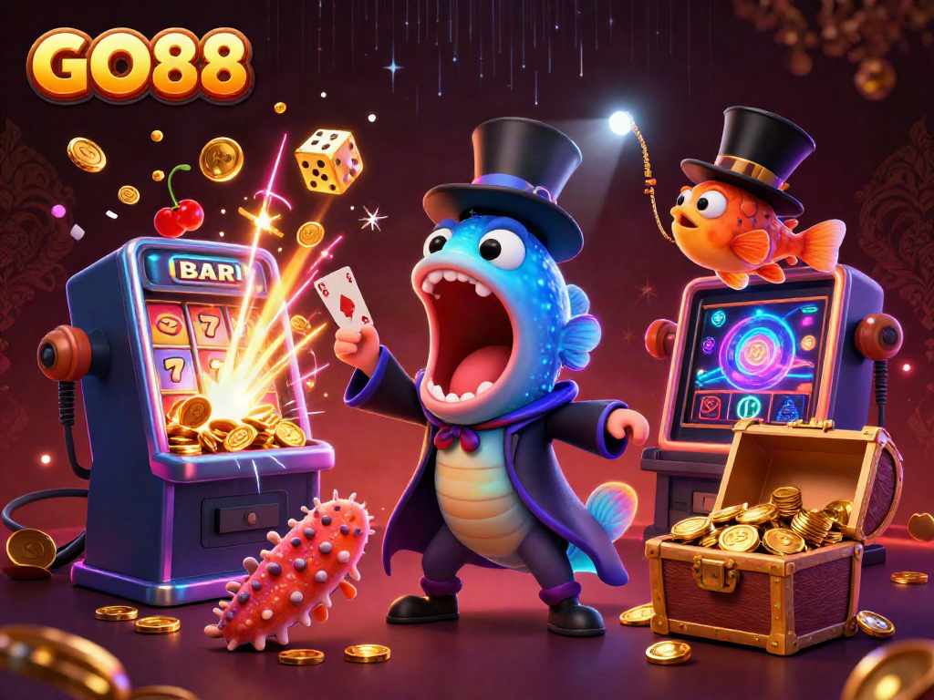 Experience GO88's vibrant casino world with animated sea creatures performing magic tricks amidst a jackpot explosion
