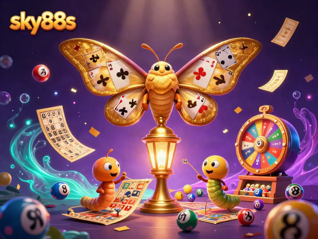Experience the excitement of sky88s with vibrant casino scenes and captivating elements in a dynamic illustration.