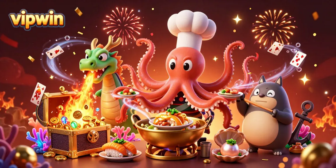 Experience the excitement of vipwin casino with a colorful 3D illustration of gaming characters and vibrant treasures.