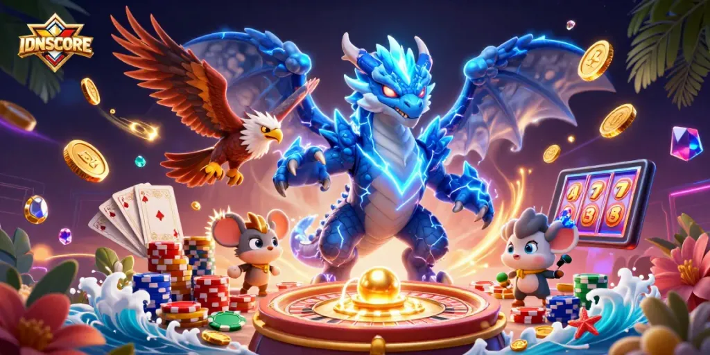 Experience thrilling gameplay with IDNSCORE in this vibrant 3D casino illustration featuring dynamic characters and game elements.