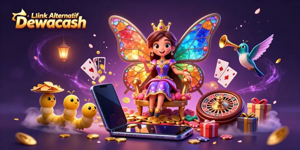 Experience the essence of Link Alternatif Dewacash with this vibrant and dynamic casino illustration featuring colorful games.