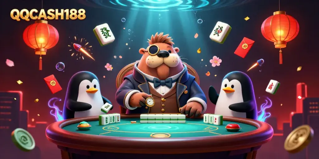 Experience the excitement at QQCASH188 with a playful underwater poker game featuring a walrus, penguin dealer, and a bluffing pufferfish.