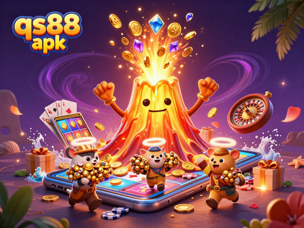 Engage in thrilling gameplay with qs88 apk as coins and treasure erupt from a golden volcano.