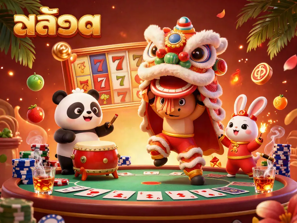 Experience the exciting world of สล็อต with a lion dance, vibrant casino elements, and lively characters.
