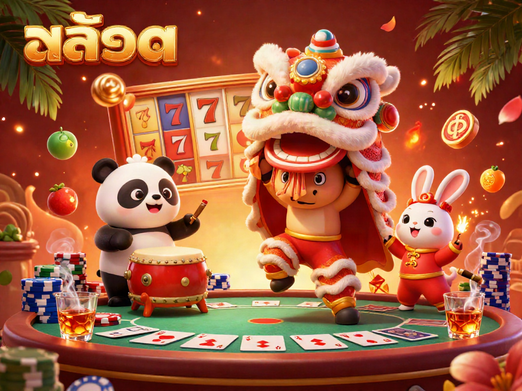 Experience the exciting world of สล็อต with a lion dance, vibrant casino elements, and lively characters.