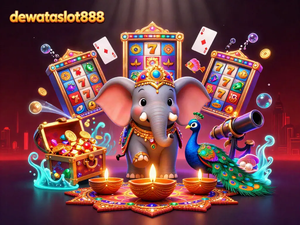 Mainkan dewataslot888 dengan slot mesin penuh warna dan simbol keberuntungan berkilauan.