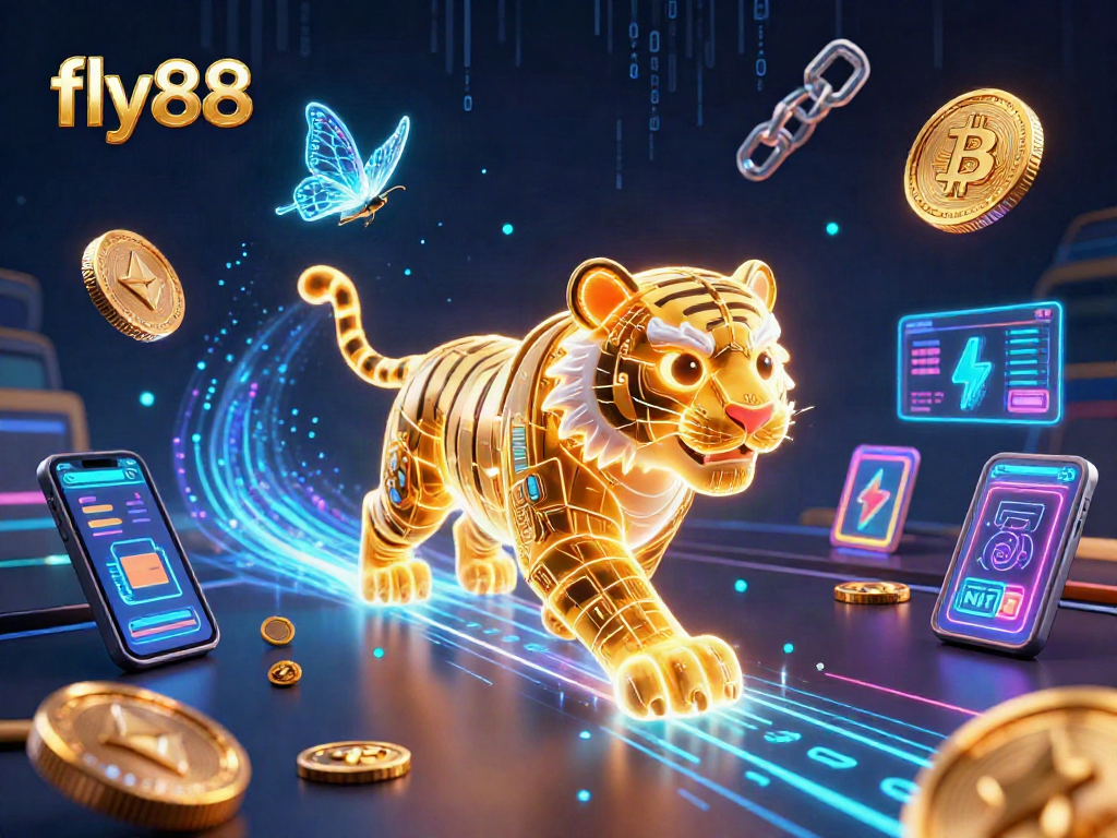 Experience the thrill of fly88 in this lively neon casino scene with a majestic golden tiger and holographic butterflies.