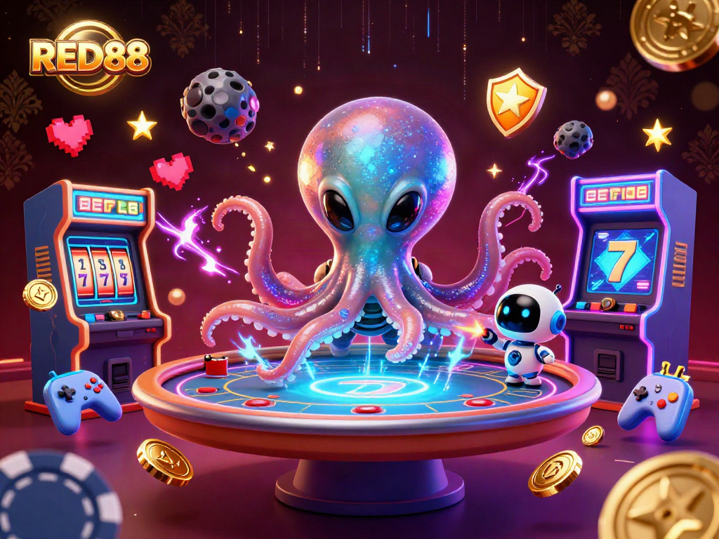 Experience thrilling wins at RED88's vibrant slot games with an alien octopus and dynamic casino features