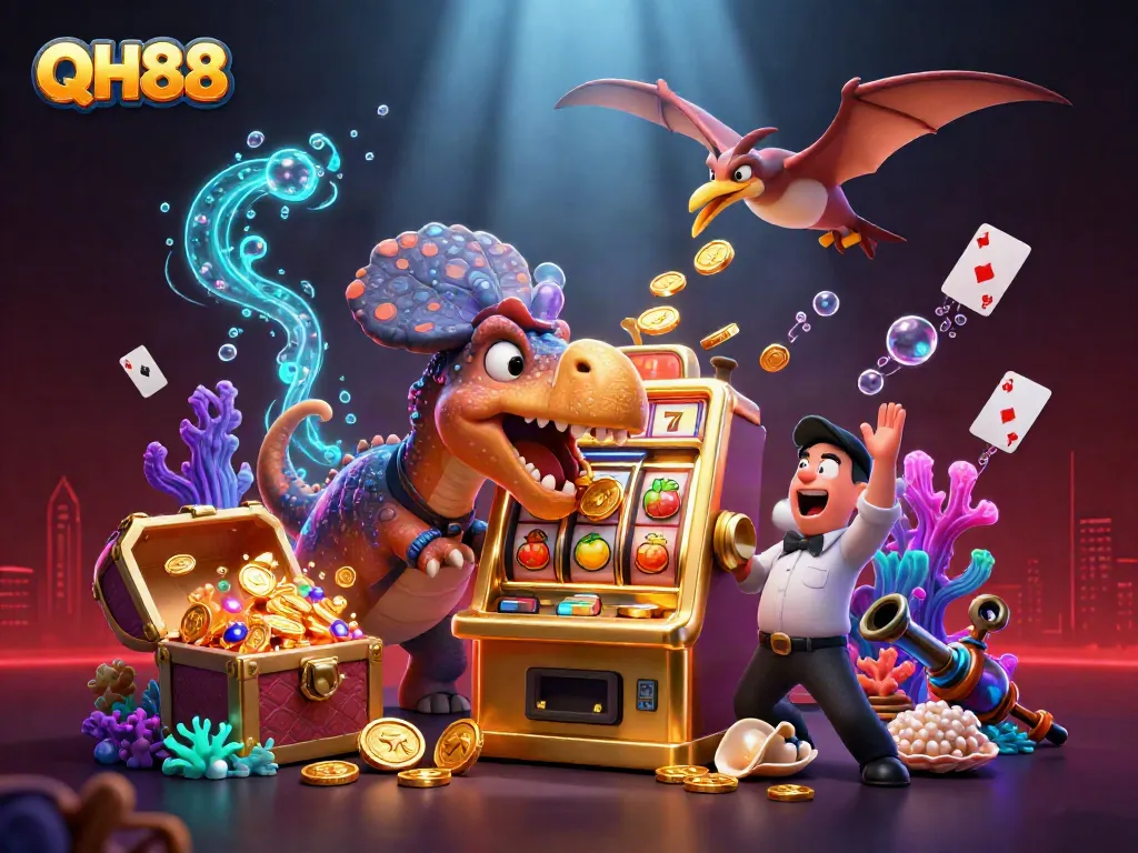 Engage with QH88 as a pachycephalosaurus wins jackpots from a golden slot machine amidst vibrant casino elements.