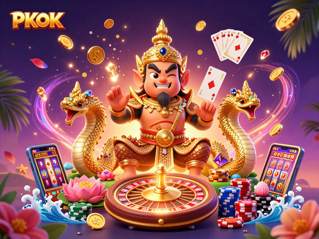 Experience PKOK's thrilling gaming atmosphere with vibrant casino elements and lucky symbols.