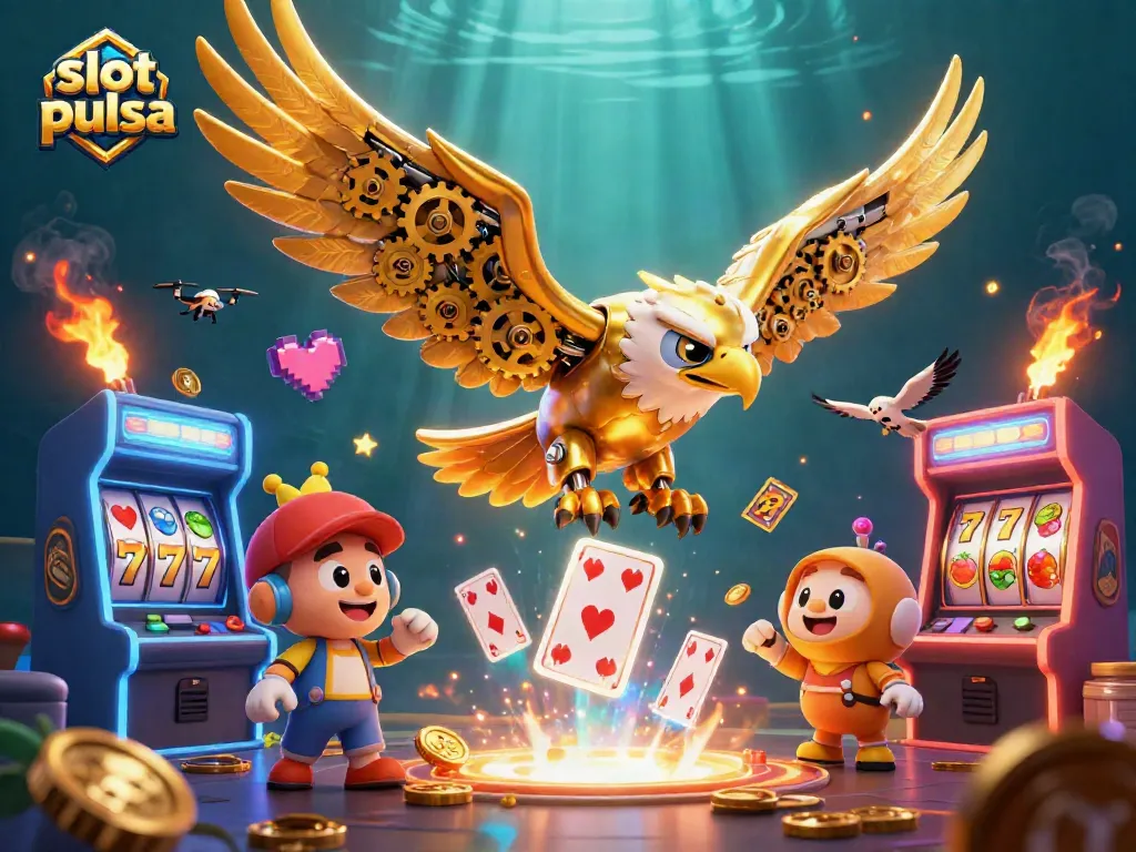 Engage with slot pulsa as the golden eagle dives through vibrant holographic cards in a richly detailed casino scene.