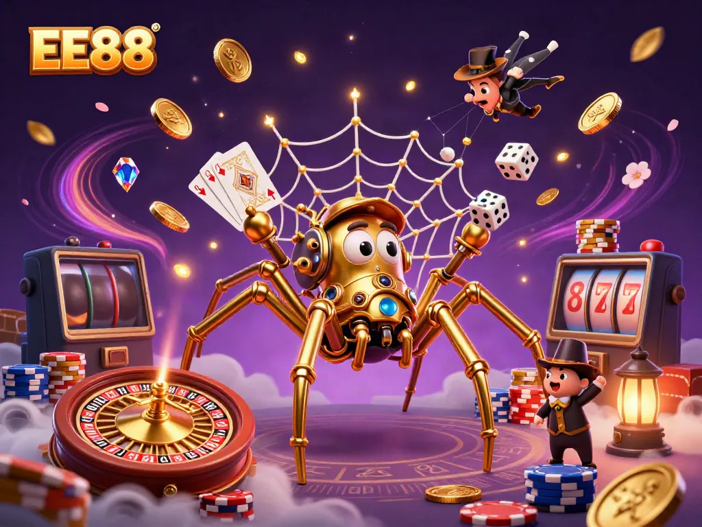Experience thrilling gameplay at EE88 with a dynamic illustration showcasing a steampunk spider and vibrant casino elements.