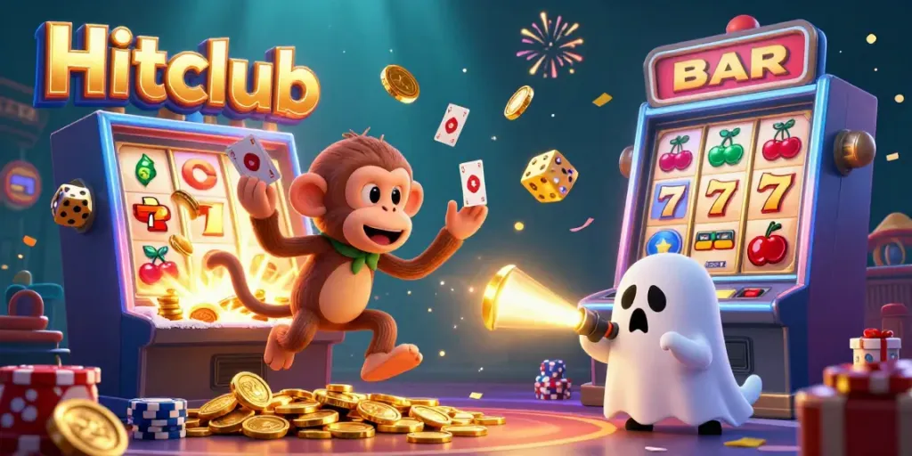 Experience the excitement of Hitclub with a playful poltergeist monkey juggling shimmering casino items in a dazzling scene.