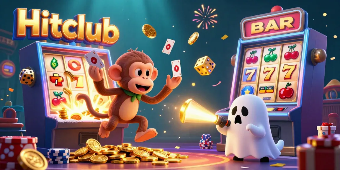 Experience the excitement of Hitclub with a playful poltergeist monkey juggling shimmering casino items in a dazzling scene.