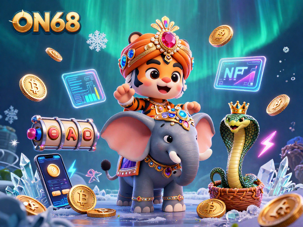 Experience the thrill of ON68 with an immersive 3D casino illustration featuring the maharaja and vibrant gaming elements.