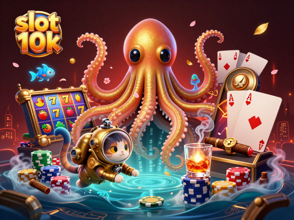 Engage in slot 10k action with a kraken, diving cat, and vibrant casino elements.