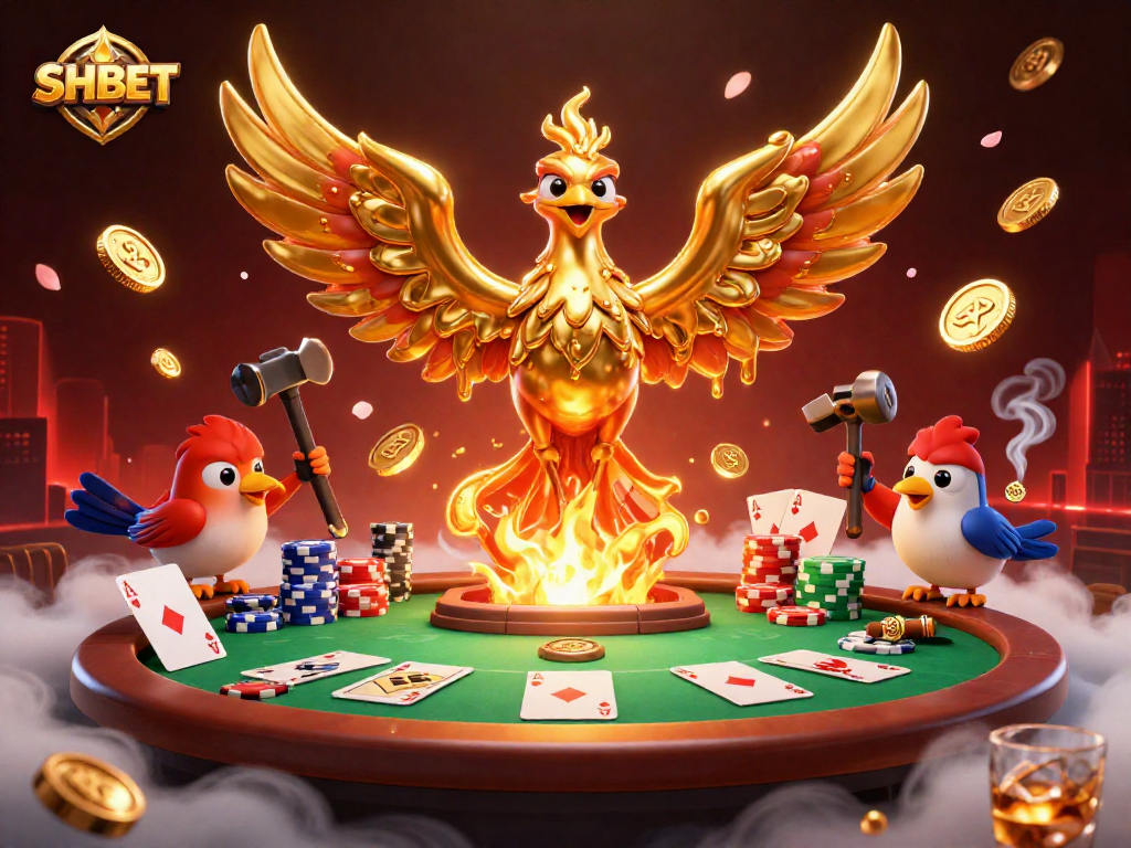 Experience thrilling gaming with SHBET's golden phoenix emerging from a forge amidst a poker showdown.