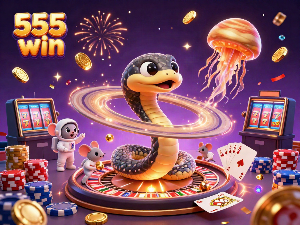 Experience the thrill of 555 win with dynamic casino elements in a cosmic gambling scene.