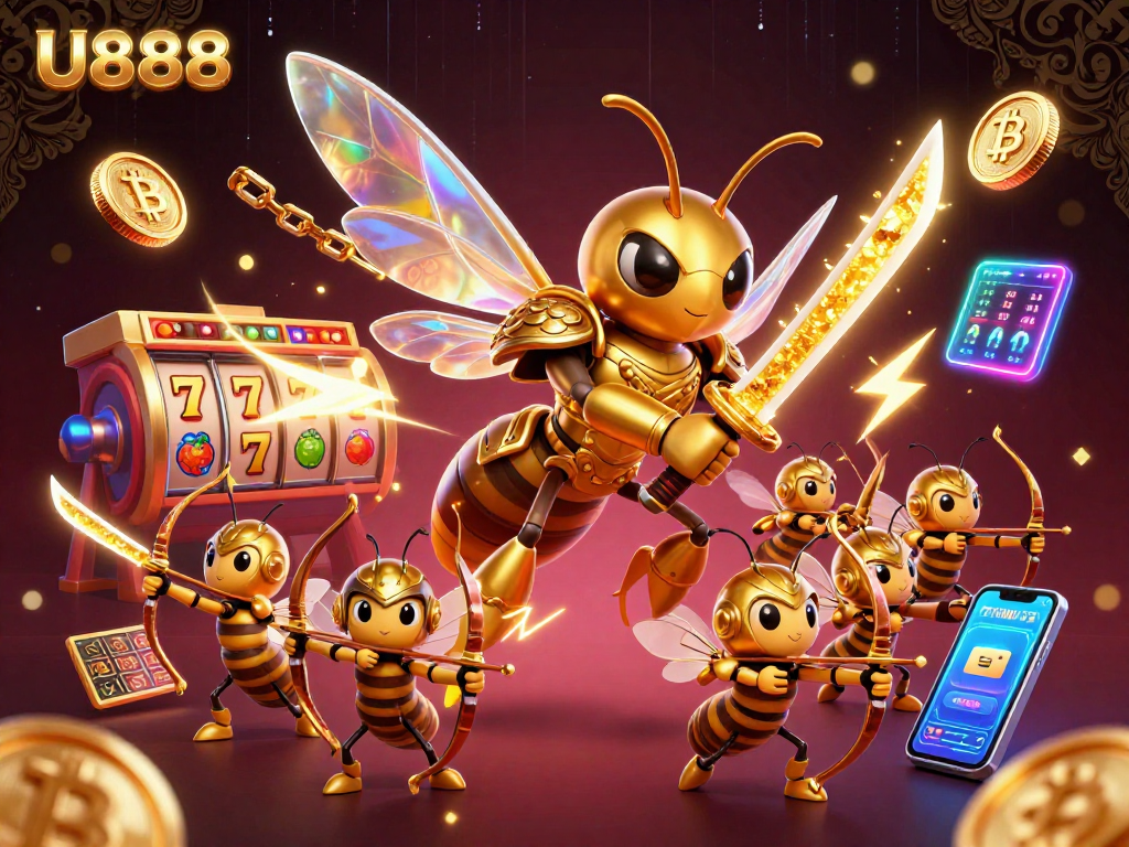 Experience thrilling jackpots with U888 in a vibrant casino scene featuring golden hornets and crypto elements.
