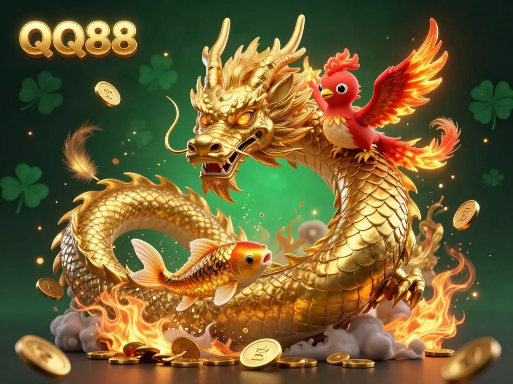 Experience thrilling action at QQ88 with a golden dragon, phoenix, and koi fish in a dynamic casino scene.